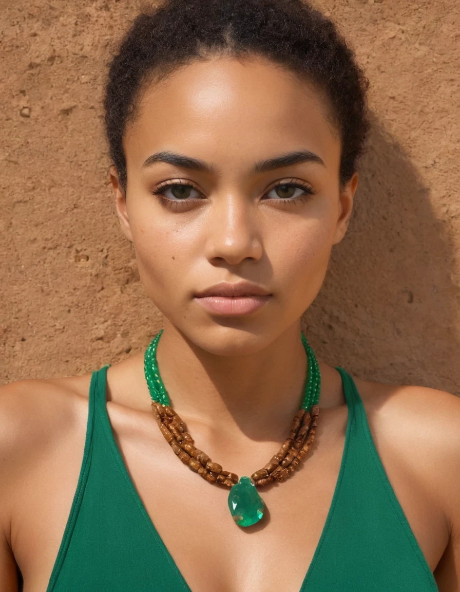 Mixed race woman, emerald green necklace, 1.65m de hauteur 75kg, peau caramel , desert agafay, fond sans fin, yeux marron noisette,