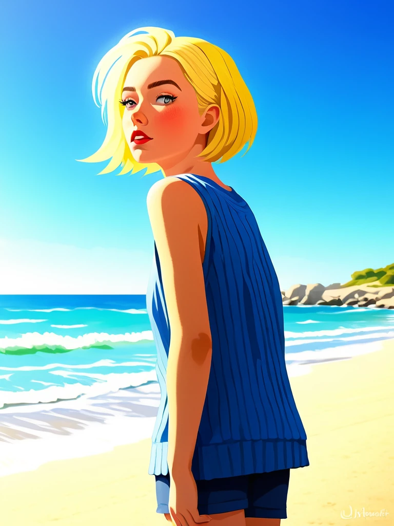 A beautiful blonde woman with short tomboy hair on a beach, surprised and looking away, in a flatillustration style, european, dreaming, (best quality,4k,8k,highres,masterpiece:1.2),ultra-detailed,(realistic,photorealistic,photo-realistic:1.37),HDR,UHD,studio lighting,ultra-fine painting,sharp focus,physically-based rendering,extreme detail description,professional,vivid colors,bokeh,portraits,photography,concept artists,warm colors,dramatic lighting