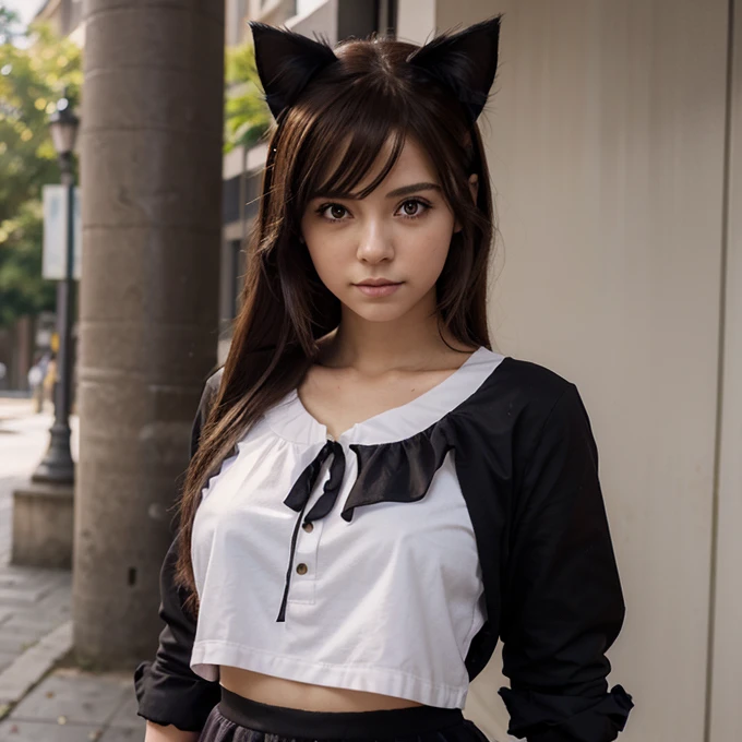 there is a photo of a girl dressed as a cat, uniforme de estudiante de la escuela de magia, minifalda plisada, usando falda, traje femenino, traje de mucama, falda negra, falda plisada, anime estilo 3d, usando una falda, render de una linda chica anime 3d, modelo de cuerpo completo anime vtuber, estilo anime plano, Gothic pastel, colores suaves y lindos, colores lindoa en su ropa, brown hair