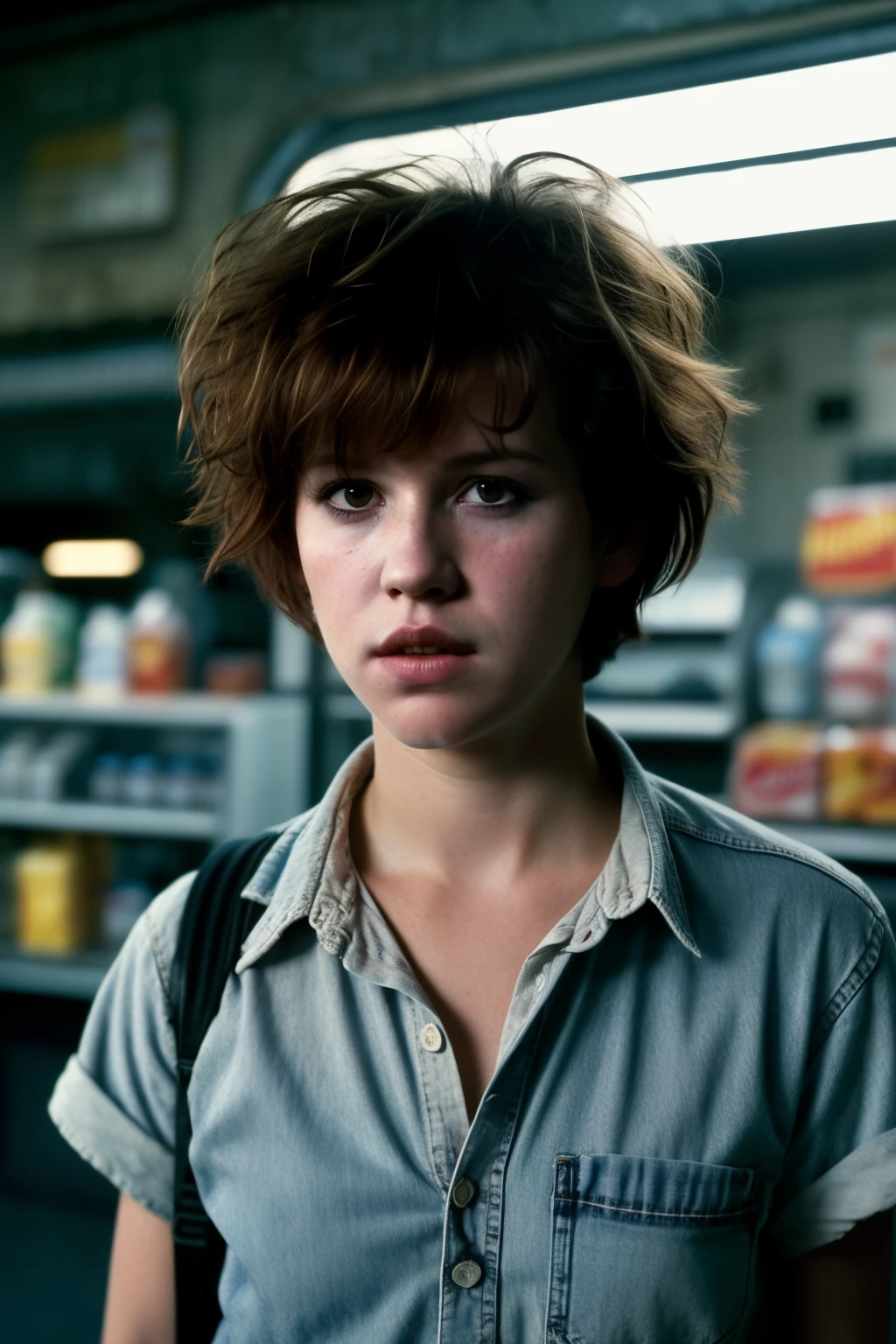 Eighteen-year-old Molly Ringwald, frowning, with messy/shaggy razored/layered haircut with sideswept bangs, wearing acid-washed shirt and jean shorts, standing in front of convenience store freezers, extremely realistic, extremely detailed, extreme realism, extreme detail, extremely accurate resemblance, masterpiece, florescent lighting, moody, atmospheric, neo-noir, tech-noir, grungy, gritty, sunken eyes, hollow eyes, eyebags, bedhead, insomniac