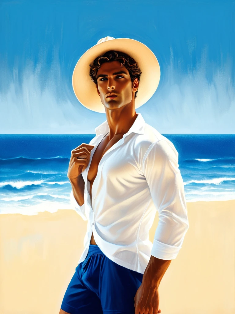 chiaroscuro technique on sensual illustration of an arafed man in white ,  masculine, diego fazio, male model, by Ludovit Fulla, model with attractive body, inspired by Ludovit Fulla, mid-shot of a hunky, the model draped in flowing, Use a gradient or a softly textured background to complement the overall tone