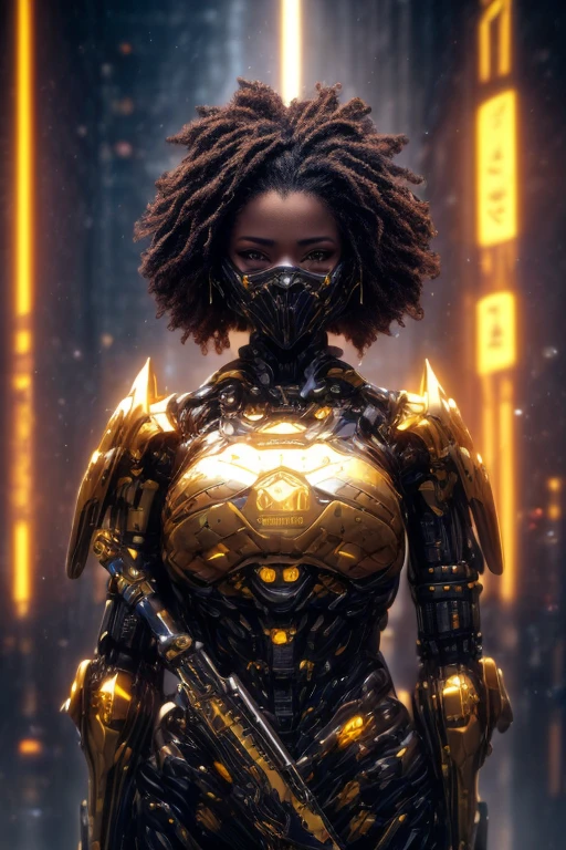 a girl in a golden armour, absurdist cyberpunk, afro-samurai, photorealistic, 8k, highly detailed, vivid colors, dramatic lighting, sci-fi, dystopian, cybernetic weapons, year 3000, masterpiece