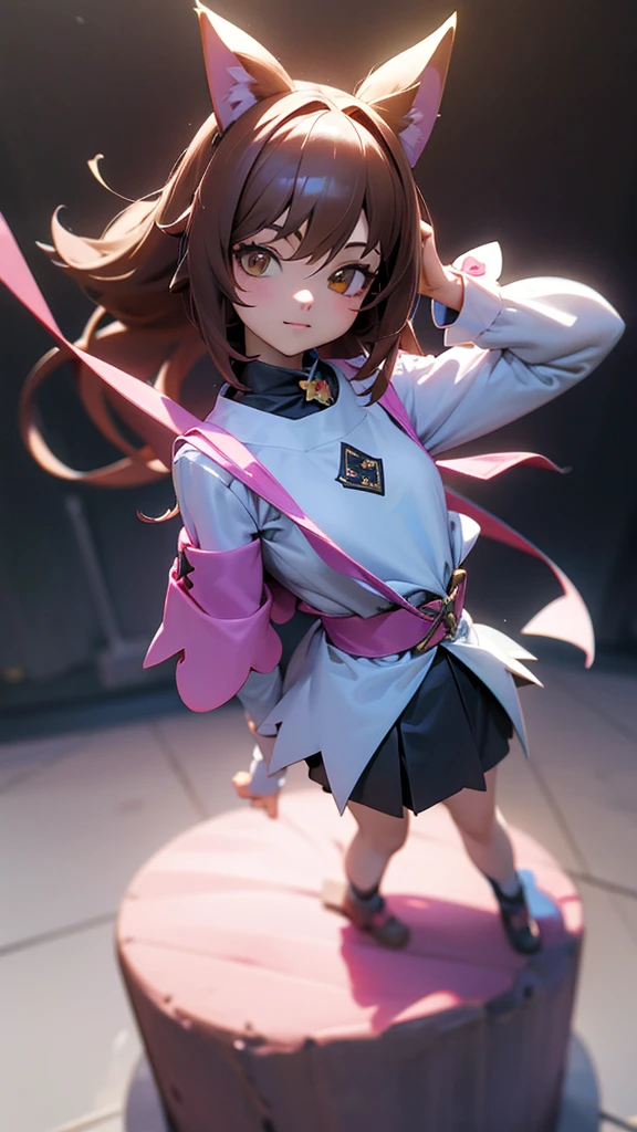 there is a photo of a girl dressed as a cat, uniforme de estudiante de la escuela de magia, minifalda plisada, usando falda, traje femenino, traje de mucama, falda negra, falda plisada, anime estilo 3d, usando una falda, render de una linda chica anime 3d, modelo de cuerpo completo anime vtuber, estilo anime plano, Gothic pastel, colores suaves y lindos, colores lindoa en su ropa, brown hair