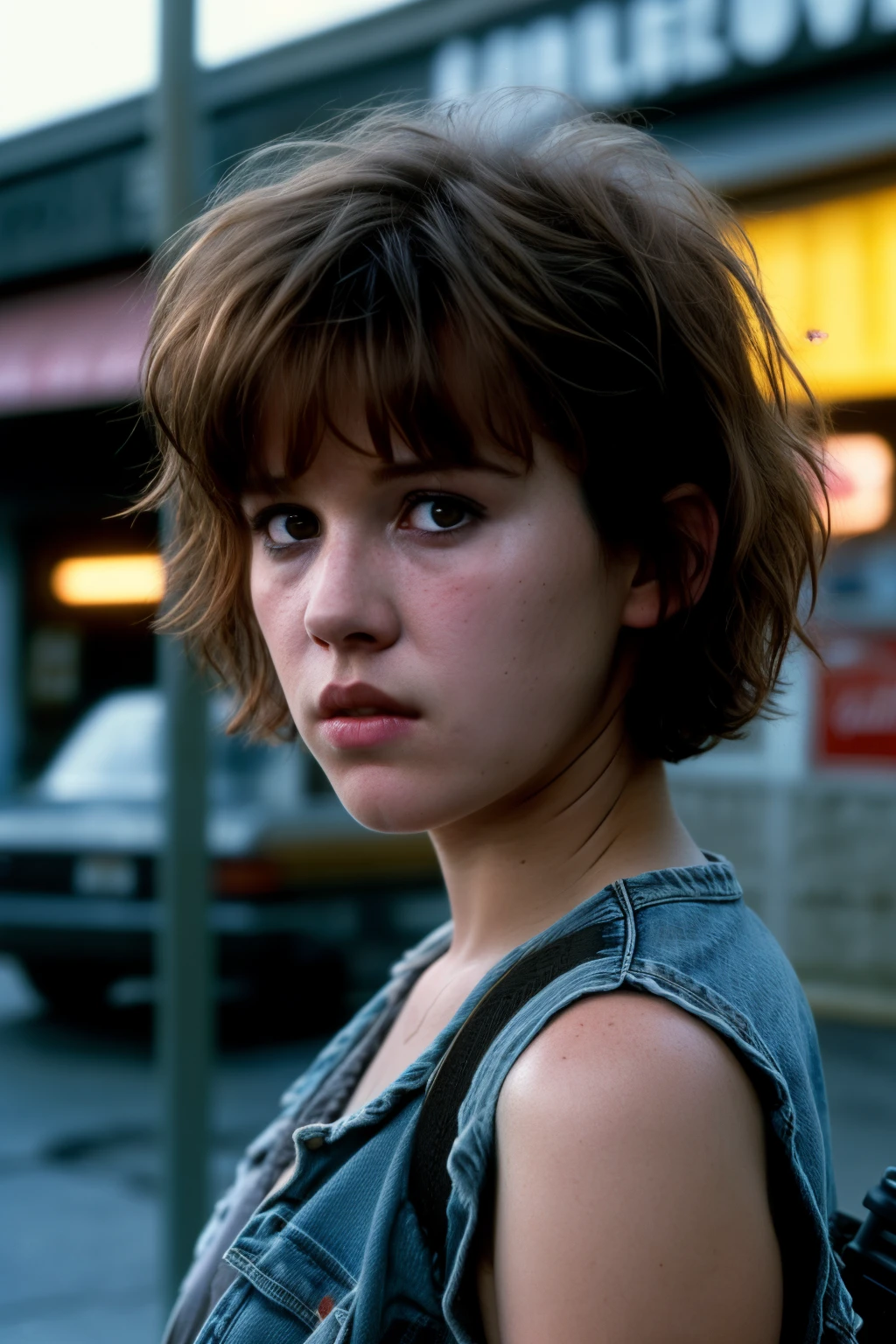 Eighteen-year-old Molly Ringwald, frowning, with messy/shaggy razored/layered haircut with sideswept bangs, wearing acid-washed shirt and jean shorts, standing in front of convenience store freezers, extremely realistic, extremely detailed, extreme realism, extreme detail, extremely accurate resemblance, masterpiece, florescent lighting, moody, atmospheric, neo-noir, tech-noir, grungy, gritty, sunken eyes, hollow eyes, eyebags