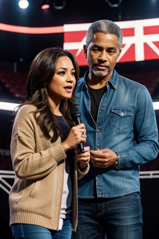 hetero couple  light skin mixed race 40 years old, brunette hair, wearing a casual clothes, preaching with microphone highly detailed, with a rings detailed, on a stage talking with a adults people hiquality, with a rings, hazel eyes, hyper-realistic, talking with a crowds Realism, Canon, Nikon, 85mm, HD, 4K, 8k Casual clothes 