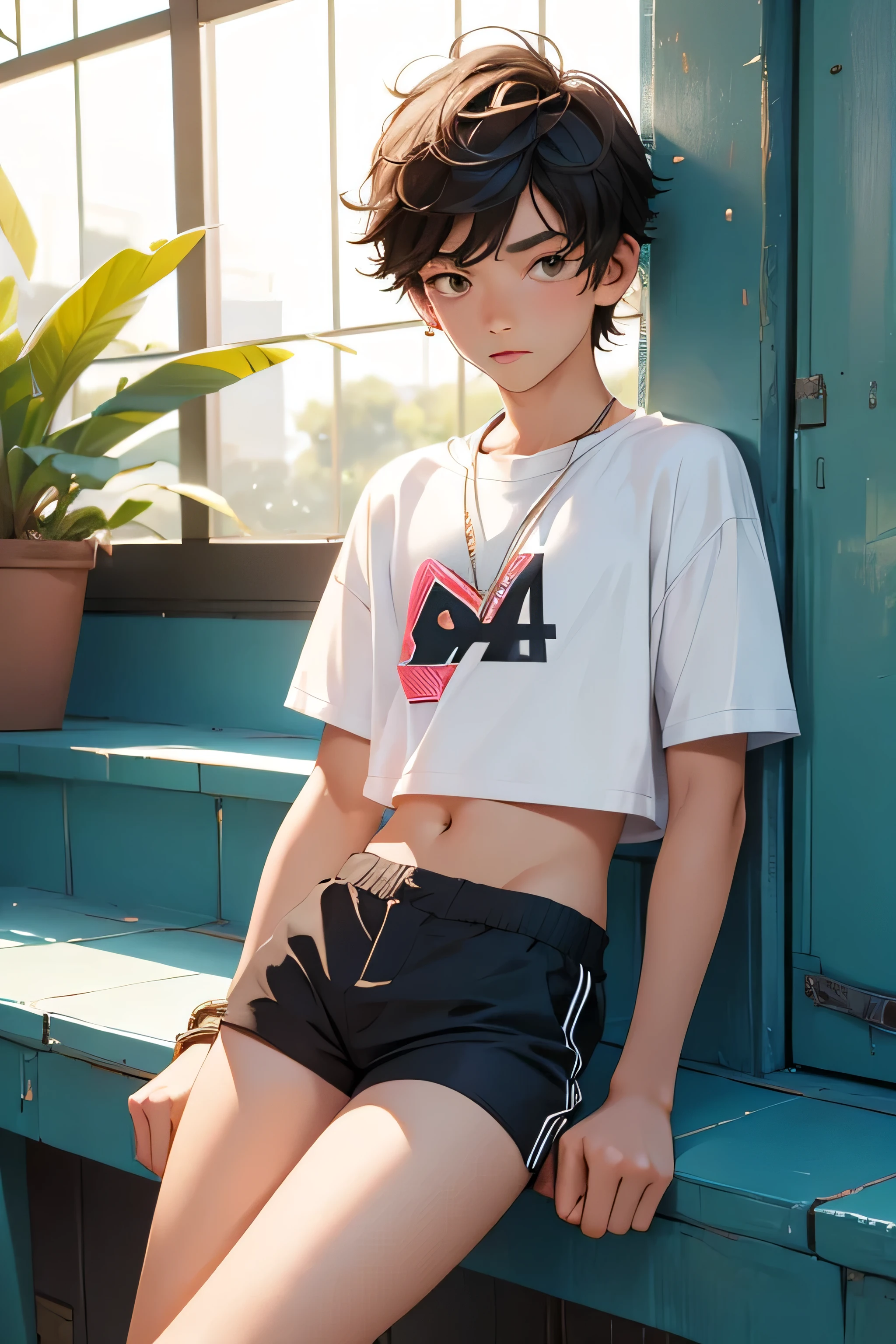 Teen boy ************, boy wears a crop shirt and too very short mini shorts, beautiful long legs, cuffed, hot summer, boy flirty posing, highest quality,