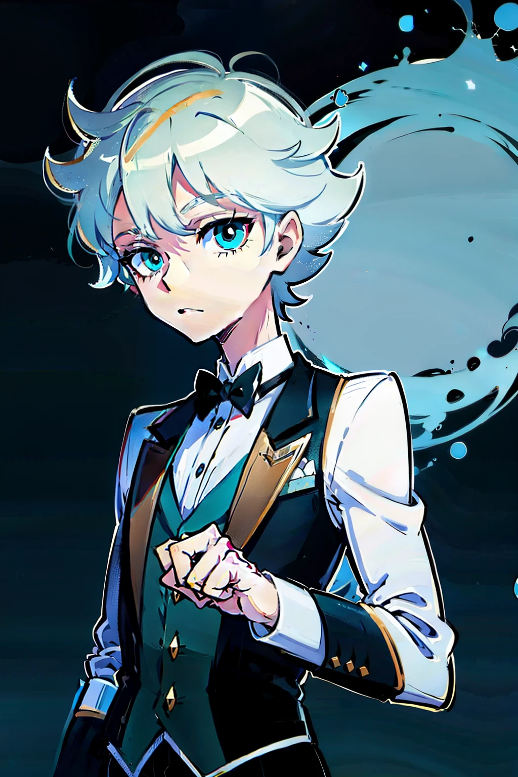 White short hair bangs beautiful boy blue eyes wearing a butler alone with nothing around him the background is all green