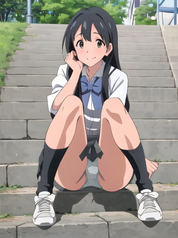 highest quality, Ultra-high resolution, (Realistic: )2D official style cel animation,((Sitting Girl))Grey Check Mini Skirt,Summer Shirts,(Black and white two-tone panties),loose socks,sneakers,Full body portrait、Idolmaster Shiny Colors,(chiyoko sonoda),Station stairs,sunny,Embarrassed face,from the front