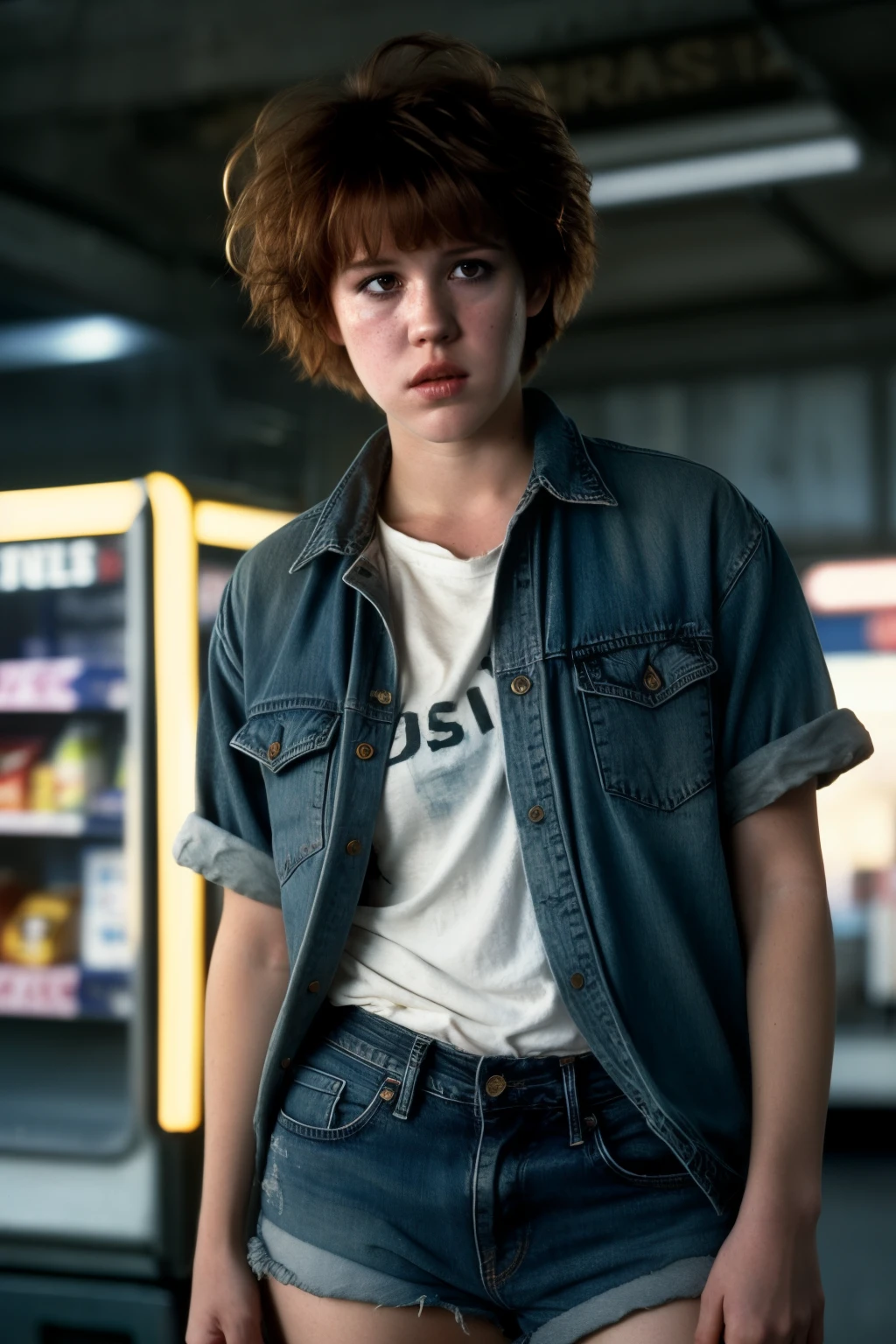 Eighteen-year-old Molly Ringwald, frowning, with messy/shaggy razored/layered haircut with sideswept bangs, wearing acid-washed shirt and jean shorts, standing in front of convenience store freezers, extremely realistic, extremely detailed, extreme realism, extreme detail, extremely accurate resemblance, masterpiece, florescent lighting, moody, atmospheric, neo-noir, tech-noir, grungy, gritty, sunken eyes, hollow eyes, eyebags