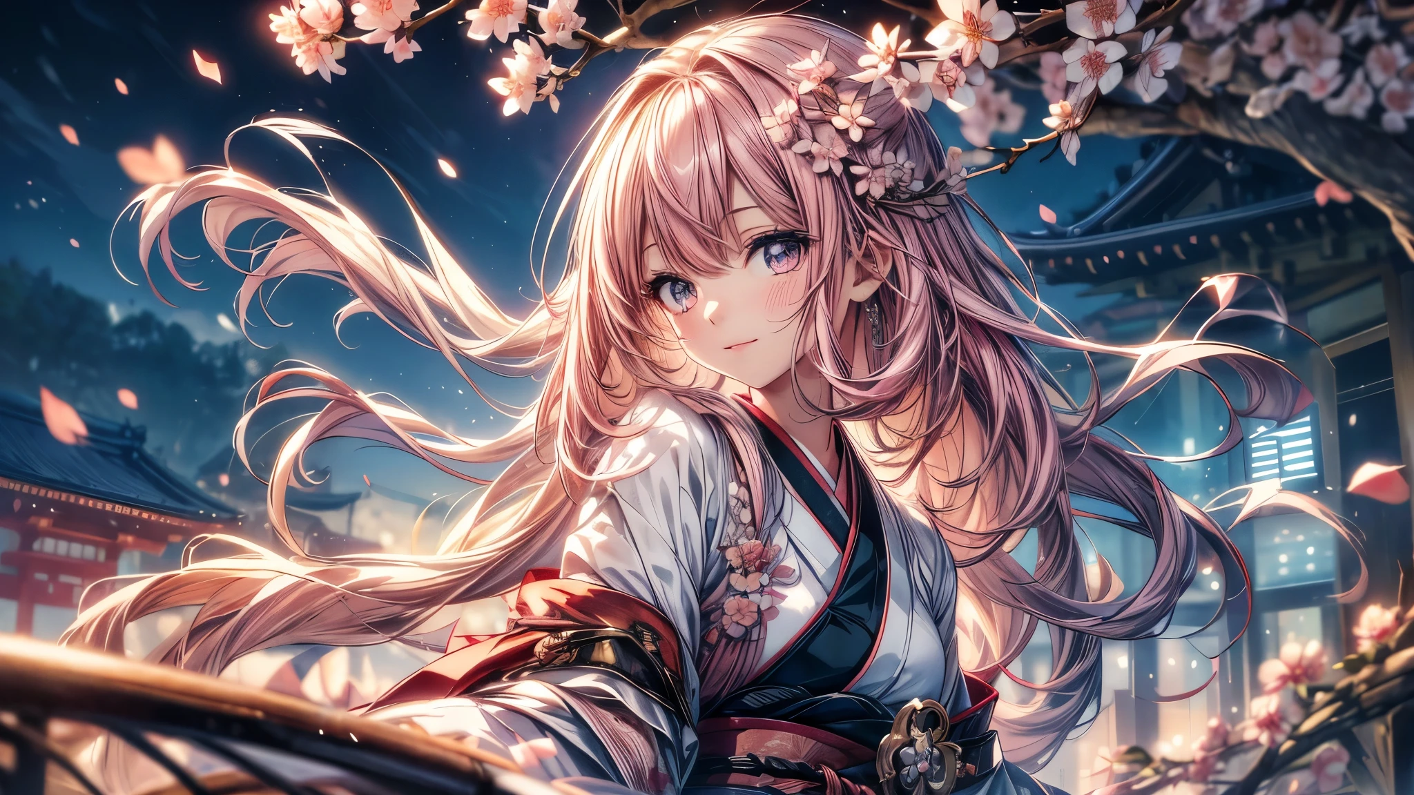8K resolution, ((highest quality)), ((masterpiece)), ((super detailed)), (very delicate and beautiful), with a girl, solo, gentle expression, she is very(relax)with(Calm)Appearance, pink hair, Depth of the bounds written, bright smile, young expression, bright peach-colored eyes, Beautiful pink hair, beautiful background, long hair, linear art, pink kimono, Japan, Japanese Style, cherry blossomsのように輝く瞳, upper eye, wonderful eyes, cherry blossoms, cherry blossomsの木, cherry blossomsの花が舞っている, Upper body
