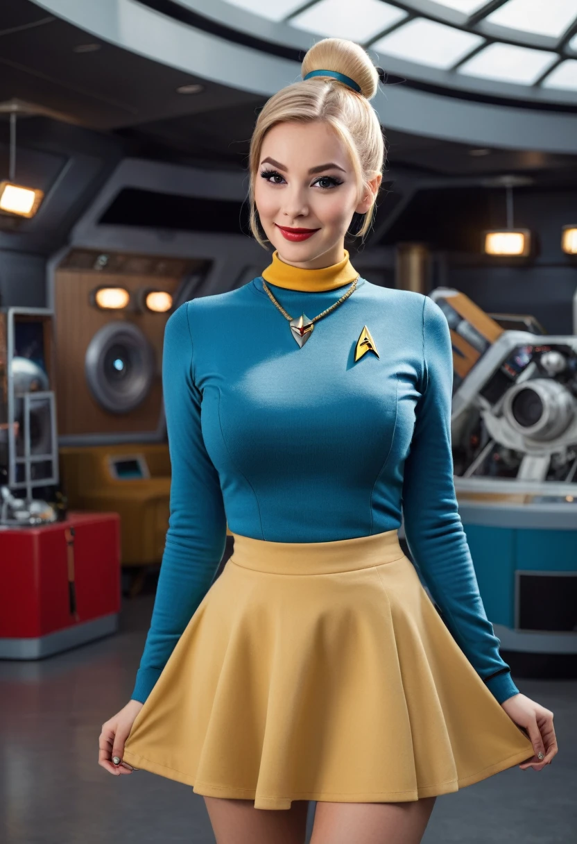 hyperrealistic beautiful busty 18-year-old women with long legs wearing classic 1960s startrek cosplay outfit with miniskirt, model shooting full body photography, natural blonde classic bun, dark eye makeup with eyeliner, seductive smile, small necklace, 8K, Best quality, Meisterwerk, ultra high resolution, (Realismus: 1.4), Originalfoto, (realistische Hautstruktur: 1.3), (Filmkorn: 1.3), (Selfie-Winkel), 1 girl, Beautiful round hazel eyes and facial details, Meisterwerk, Best quality, at a starship movie set