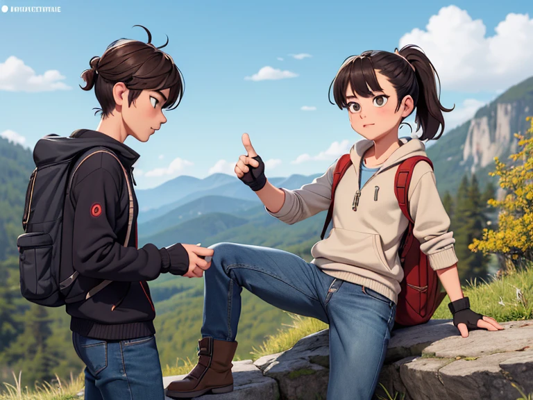 masterpiece; Style: daily; necessary background: Nature of Russia, middle line, random landscape; обязательный Style одежды: zip-up sweatshirt, jeans, hiking boots, fingerless gloves, backpack; Characters: 1 effeminate guy, who looks defenseless(male body type, however sexy attractive image, ponytail hairstyle, предпочитает женский Style одежды, likes to secretly dress in women's clothes) and 1 muscular girl with an aesthetic almost flat chest and an athletic physique (female body type, Male character, noticeable musculature, is quite capable of walking half naked and often does so, предпочитает мужской Style одежды) (absolute similarity(twins)) Brother and sister, very tousled semi-long brown hair, Brown eyes, round beautiful face, muscular proportional athletic trained body, trained arms and legs, Graceful fingers, aesthetic proportional small wide nose, plump lips; aesthetic completeness, perfect face; Free standing pose, Interaction with each other; many small details, complex parts; High quality textures, high detail, Realistic human anatomy, realistic textures, daylight, increased image clarity