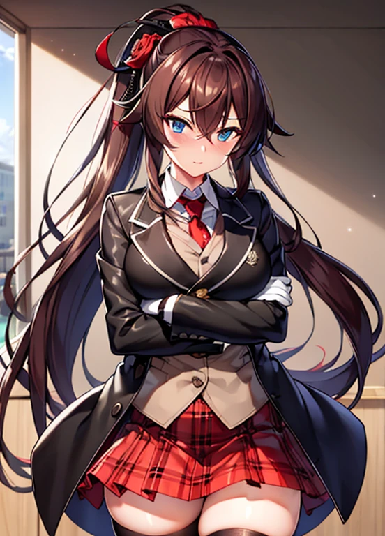 masterpiece, best quality, ultra-detailed, illustration, warm lighting, bright colors, 1girl,solo, long hair, very long hair, chifuyu, crossed arms, amused, sitting, office, office work,

action, ahoge, bangs, black_jacket, blue_eyes, breasts, brown_hair, brown_vest, buttons, closed_mouth, collared_shirt, double-breasted, dress_shirt, flower, gloves, hair_between_eyes, hair_flower, hair_ornament, hair_over_eyes, jacket, light_particles, long_sleeves, looking_at_viewer, necktie, plaid, plaid_skirt, pleated_skirt, ponytail, red_flower, red_necktie, red_rose, red_skirt, rose, shirt, skirt, thighhighs, vest, weapon, white_shirt, zettai_ryouiki