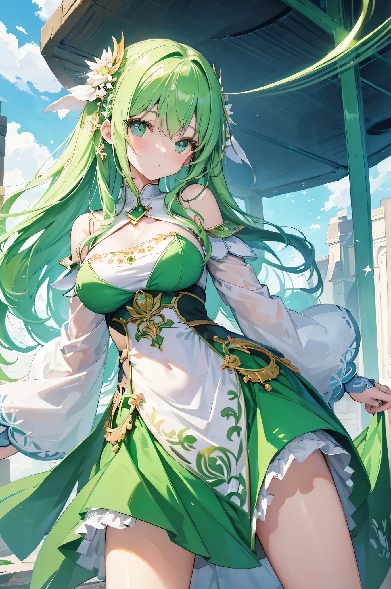 (masterpiece)), ((highest quality)), ((High resolution)), ((In detail))、Anime style white woman、Theme color: Green、Beautiful light、cute、Beauty、