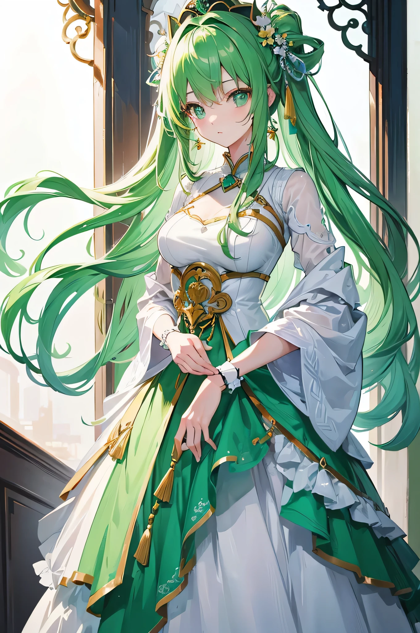 perfect anatomy, masterpiece:1.4, best highres, 16k, (in the night, the hotel entrance), break,
(frontale:1.2) (solo:1.3 ponytail green hair long hair cute girl), ((15 yo)), (sad:1.4 closed eyes), ((beautiful make up)), (Crying face, open mouth), break, (in a Layered yellow Off-the-shoulder dress with detailed green rose).