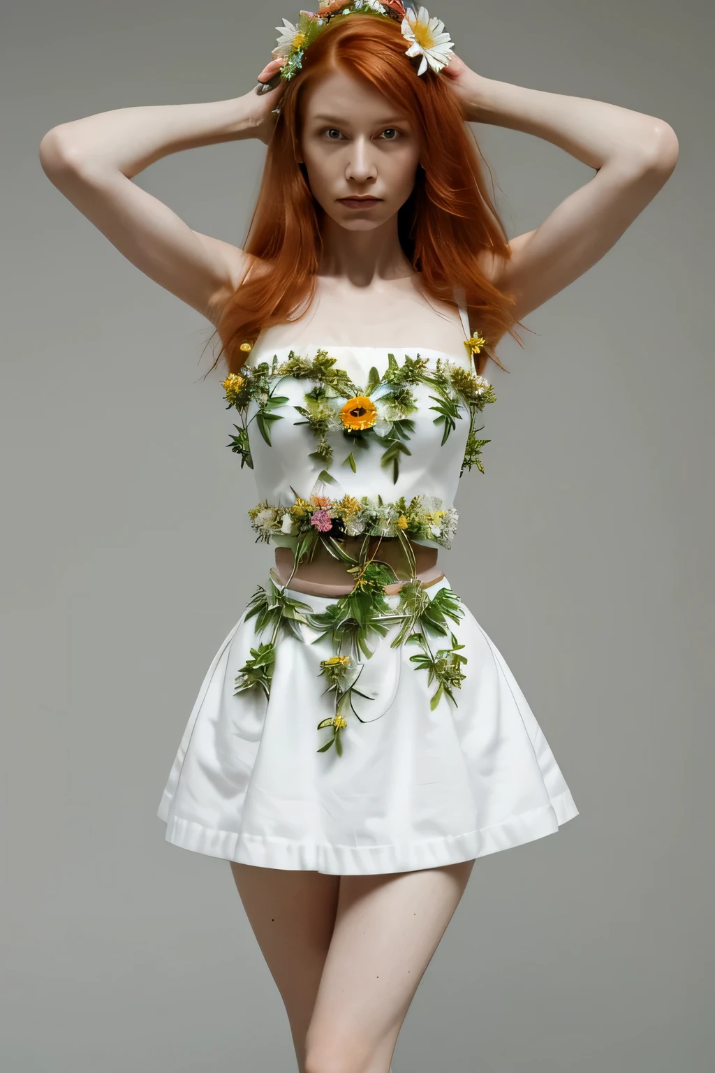 A woman, beautiful, redhead, slender, white skin tone, outfit made of plants and flowers, flowers in her hair, extremely symmetrical, round body, small waist, short shoulders, long hair, slight expression of anger