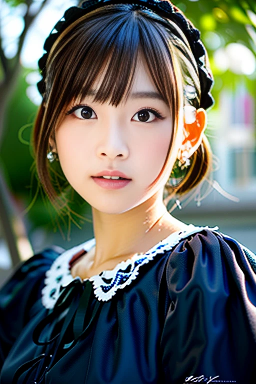 (Highest quality details:1.2), Realistic, 8K Ultra HD, High resolution, Fujifilm(Medium format), Hasselblad, Carl Zeiss, Incredible dynamic range photography(utility_art:Smoose-768:1.1), (One Girl:1.2), Super detailed, High quality textures, Intricate details, detailed, Very detailed CG, High Quality Shadows, detailed Beautiful and delicate face, detailed Beautiful and delicate eyes, Depth of written boundary, Ray Tracing, 18 years old, Cute Japanese Girl, Narrow Face, Glossy lips, Glowing Eyes, Glowing Eyes, Perfect body, View the viewer, (Jewelry Earrings), (Eye Color: Brown), (Bright red flower hair ornament), (Long white hair), (Layered Hairstyles), (Classic Gothic Lolita:1.5), Fashion Model Style, Small breasts