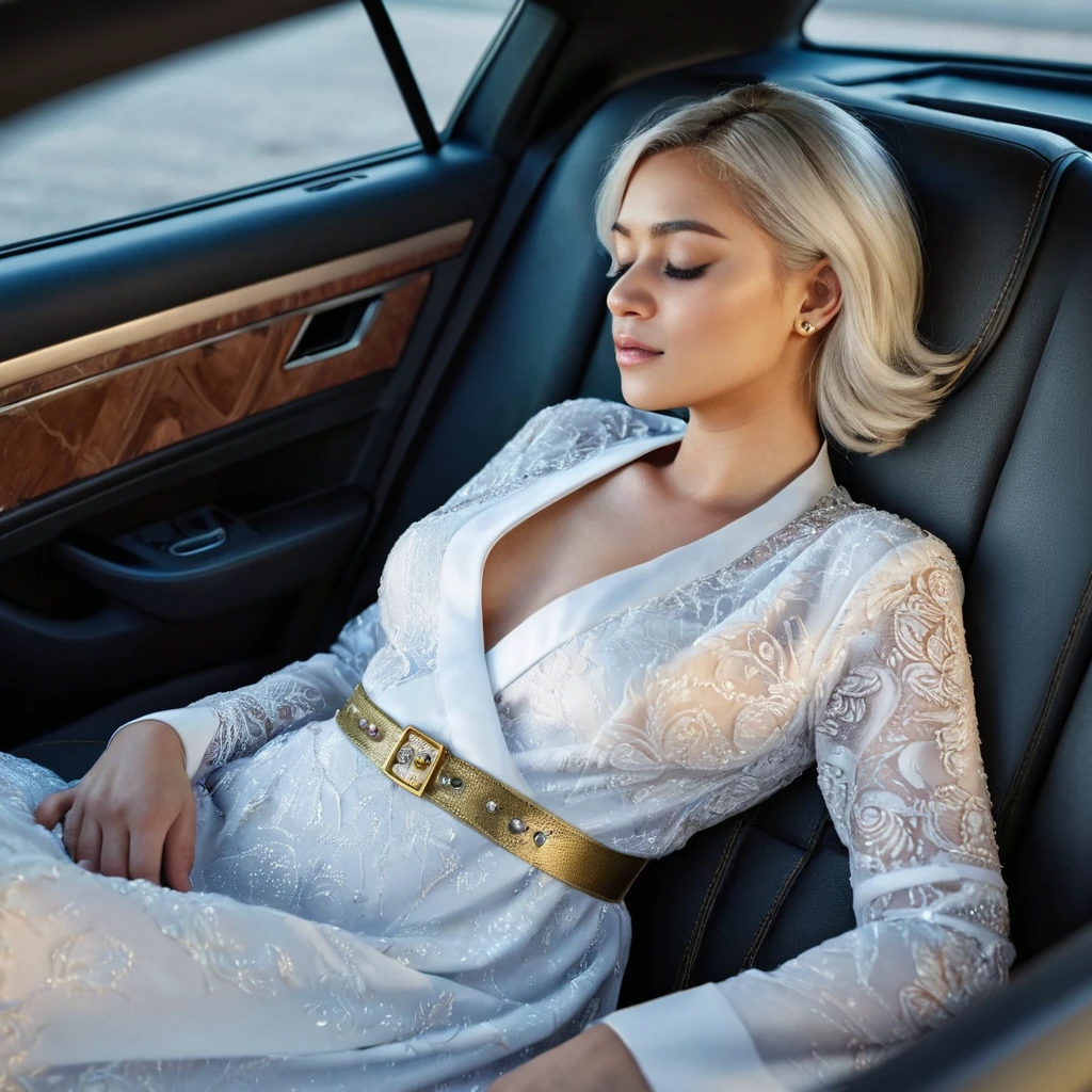 ((Masterpiece)), ((Best Quality)), 8K, HD, Super Detail, (topless nurse), (sheer nightdress studded with yellow gold rims), (silver hair shawl scattered), (Expression closed eyes) (Sleeping in a car 1.6) (Full Body Display 1.4) The artwork is a masterpiece, with the best quality and super detail, captured in 8K HD. Photographic realistic, realistic, very detailed illustrations realistic, octane rendering
