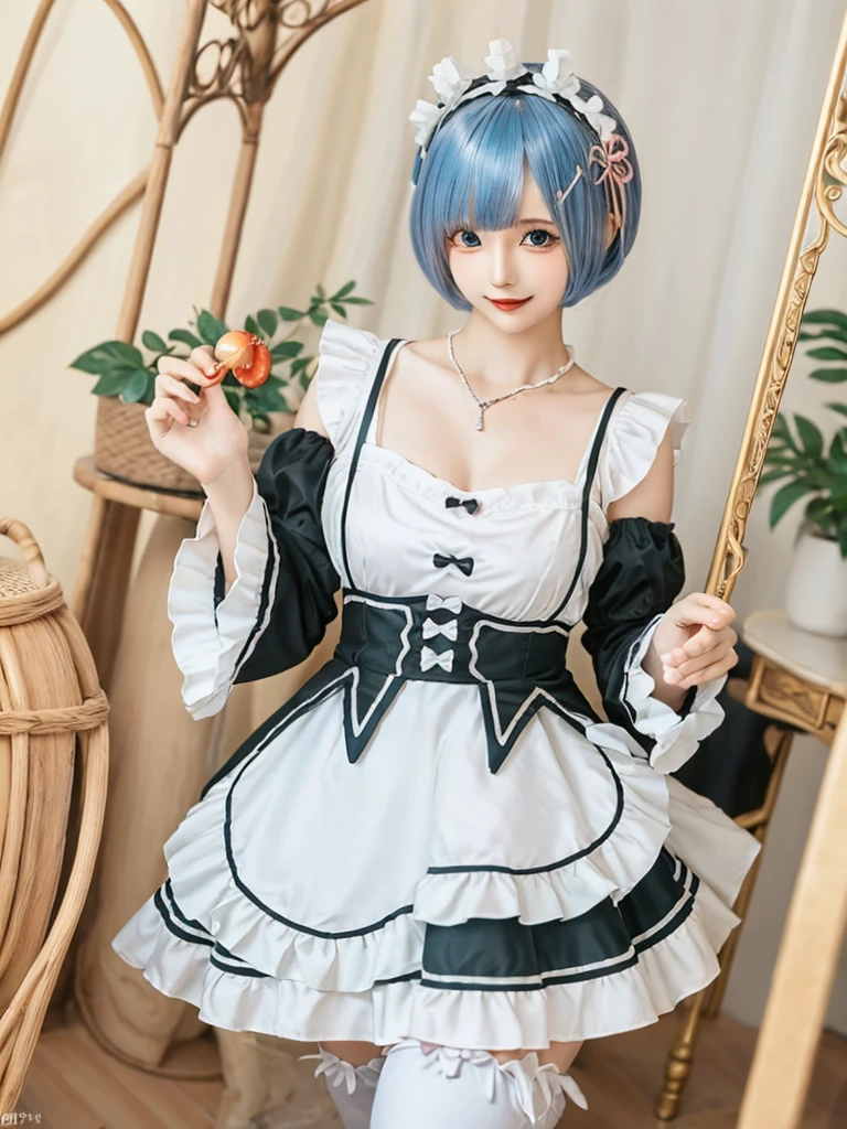Accurate depiction with high resolution,(8K, Photorealistic, Raw photo, of the highest quality: 1.3), (1girl in), Super beautiful, (Realistic face), (boyish, pink Color Berry Shorthair), Beautiful , Glare that captivates the viewer, Beautiful expression, Beautiful breasts, (Realistic skin), Be...Create a detailed and colorful image of Ram and Rem from Re:Zero, standing back-to-back in their maid outfits, with a magical fantasy background、14years old, two girls,cute, perfect face, beautiful, nice body, gothic lolita clothes, gothic lolita fashion, frilly skirt, headdress, necklace, bracelet, knee-high socks, boots, double eyelids, tear bags, Detailed down to the fingers, photo-like description, indoors, dim indoor lighting, one girl is pink hair and short bob, another girl is light blue hair and short bob,standing,whole body, composition that shows the whole body, smiling,The Both of them are wearing the same type of maid outfit,Even the fingers are clearly depicted