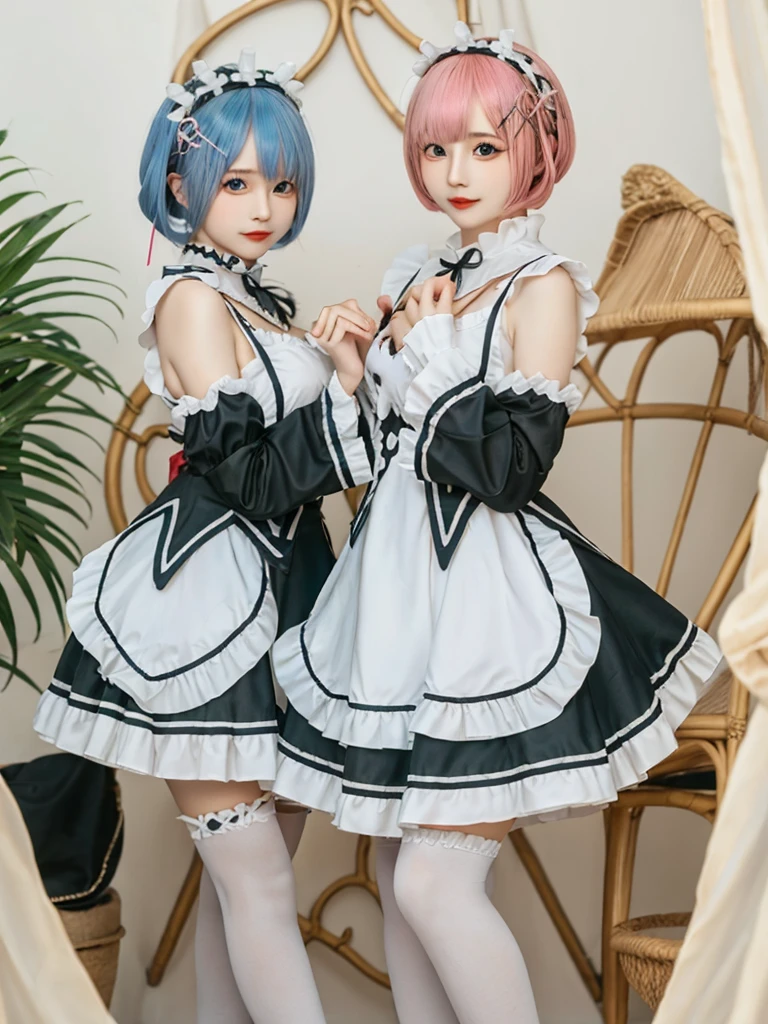 Accurate depiction with high resolution,(8K, Photorealistic, Raw photo, of the highest quality: 1.3), (1girl in), Super beautiful, (Realistic face), (boyish, pink Color Berry Shorthair), Beautiful , Glare that captivates the viewer, Beautiful expression, Beautiful breasts, (Realistic skin), Be...Create a detailed and colorful image of Ram and Rem from Re:Zero, standing back-to-back in their maid outfits, with a magical fantasy background、14years old, two girls,cute, perfect face, beautiful, nice body, gothic lolita clothes, gothic lolita fashion, frilly skirt, headdress, necklace, bracelet, knee-high socks, boots, double eyelids, tear bags, Detailed down to the fingers, photo-like description, indoors, dim indoor lighting, one girl is pink hair and short bob, another girl is light blue hair and short bob,standing,whole body, composition that shows the whole body, smiling,The Both of them are wearing the same type of maid outfit,Even the fingers are clearly depicted