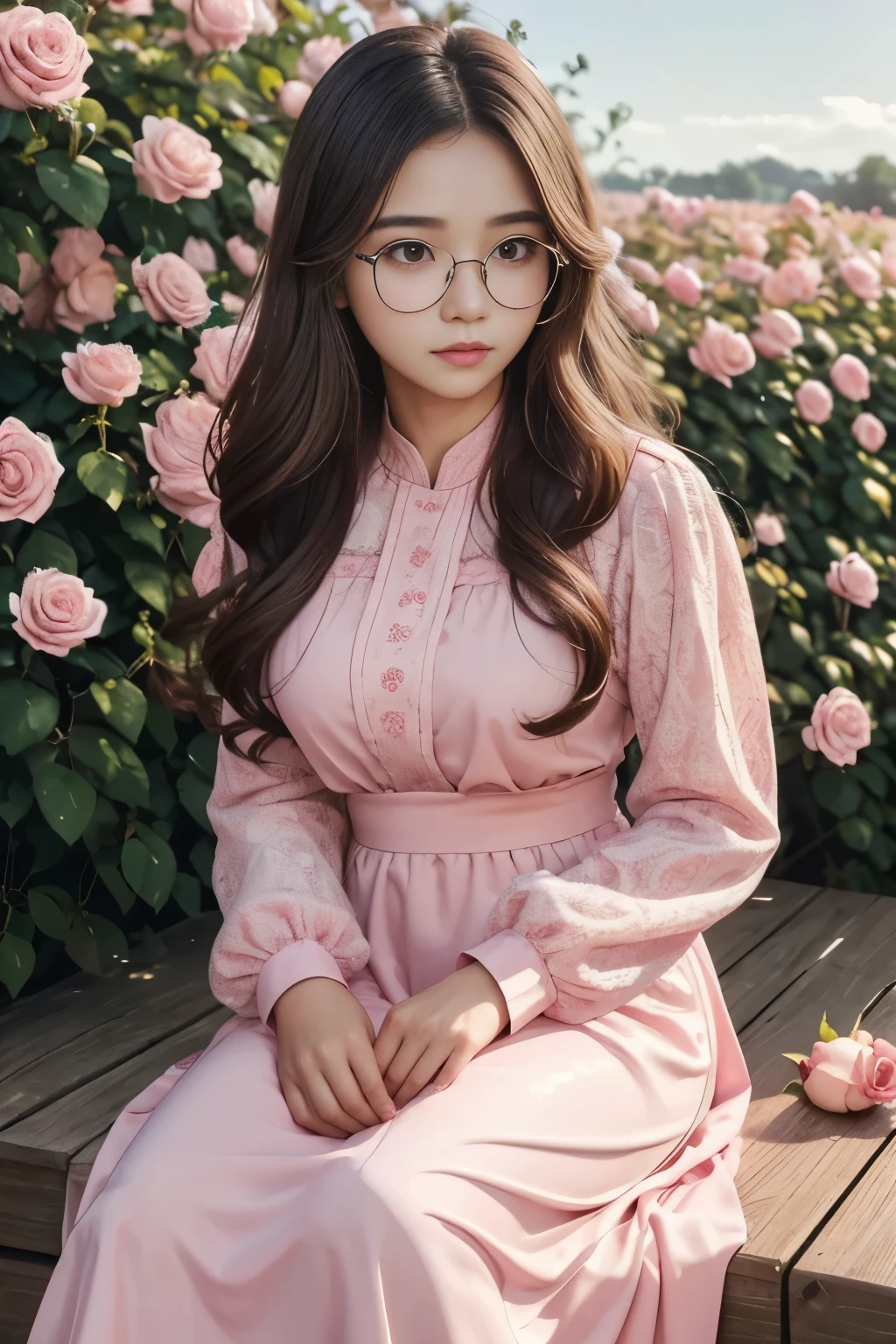 detailed face of photo. 20 year old white skin Indonesian girl with a sweet face, slim body round face chubby face and long Brown wavy hair, round glasses wear luxury pink glossy long Sleeve dress with pink rose pattern and long skirt in luxury rose field