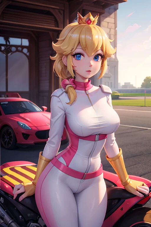 masterpiece, high quality, extremely detailed, 1girl, mature female, solo, ambient soft lighting, perfect lighting, princess_peach_mariokart_outfit, golden crown, short blonde hair, bright blue eyes, ((Background: Outside, bright and sunny, empty race track, standing next to a motorcycle)), The 4k textures showcases the utmost level of detail, while the cinematic lighting adds depth and adventure to the scene
