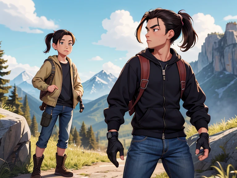 masterpiece; Style: daily; necessary background: Nature of Russia, middle line, random landscape; обязательный Style одежды: zip-up sweatshirt, jeans, hiking boots, fingerless gloves, backpack; Characters: 1 effeminate guy, who looks defenseless(male body type, sexy attractive image of a young gangster, ponytail hairstyle, prefers women&#39;s clothing) and 1 muscular girl with an aesthetic almost flat chest and an athletic physique (female body type, Male character, noticeable musculature, is quite capable of walking half naked and often does so, предпочитает Style унисекс) (absolute similarity(twins)) Brother and sister, very tousled semi-long brown hair, Brown eyes, round beautiful face, muscular proportional athletic trained body, trained arms and legs, Graceful fingers, aesthetic proportional small wide nose, plump lips; aesthetic completeness, perfect face; Free standing pose, Interaction with each other; many small details, complex parts; High quality textures, high detail, Realistic human anatomy, realistic textures, daylight, increased image clarity