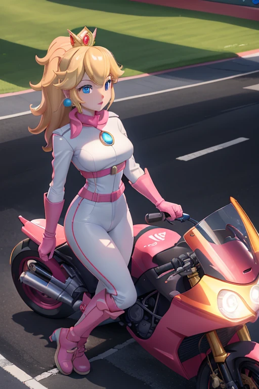 masterpiece, high quality, extremely detailed, 1girl, mature female, solo, ambient soft lighting, perfect lighting, princess_peach_mariokart_outfit, golden crown, short blonde hair, bright blue eyes, ((Background: Outside, bright and sunny, empty race track, standing next to a motorcycle)), The 4k textures showcases the utmost level of detail, while the cinematic lighting adds depth and adventure to the scene
