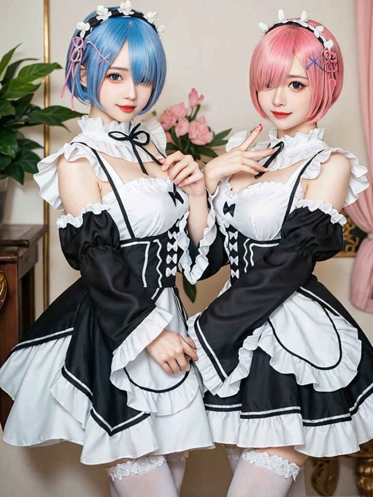 Accurate depiction with high resolution,(8K, Photorealistic, Raw photo, of the highest quality: 1.3), (1girl in), Super beautiful, (Realistic face), (boyish, pink Color Berry Shorthair), Beautiful , Glare that captivates the viewer, Beautiful expression, Beautiful breasts, (Realistic skin), Be...Create a detailed and colorful image of Ram and Rem from Re:Zero, standing back-to-back in their maid outfits, with a magical fantasy background、ars old, two girls,cute, perfect face, beautiful, nice body, gothic lolita clothes, gothic lolita fashion, frilly skirt, headdress, necklace, bracelet, knee-high socks, boots, double eyelids, tear bags, Detailed down to the fingers, photo-like description, indoors, dim indoor lighting, one girl is pink hair and short bob, another girl is light blue hair and short bob,standing,whole body, composition that shows the whole body, smiling,The Both of them are wearing the same type of maid outfit,Even the fingers are clearly depicted