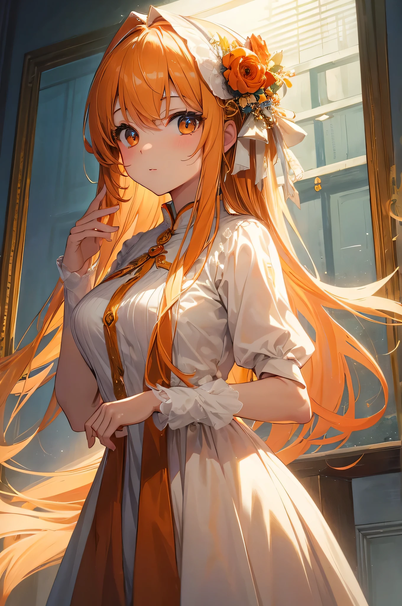 (masterpiece)), ((highest quality)), ((High resolution)), ((In detail))、Anime style white woman、Theme: orange、Beautiful light、cute、beauty、