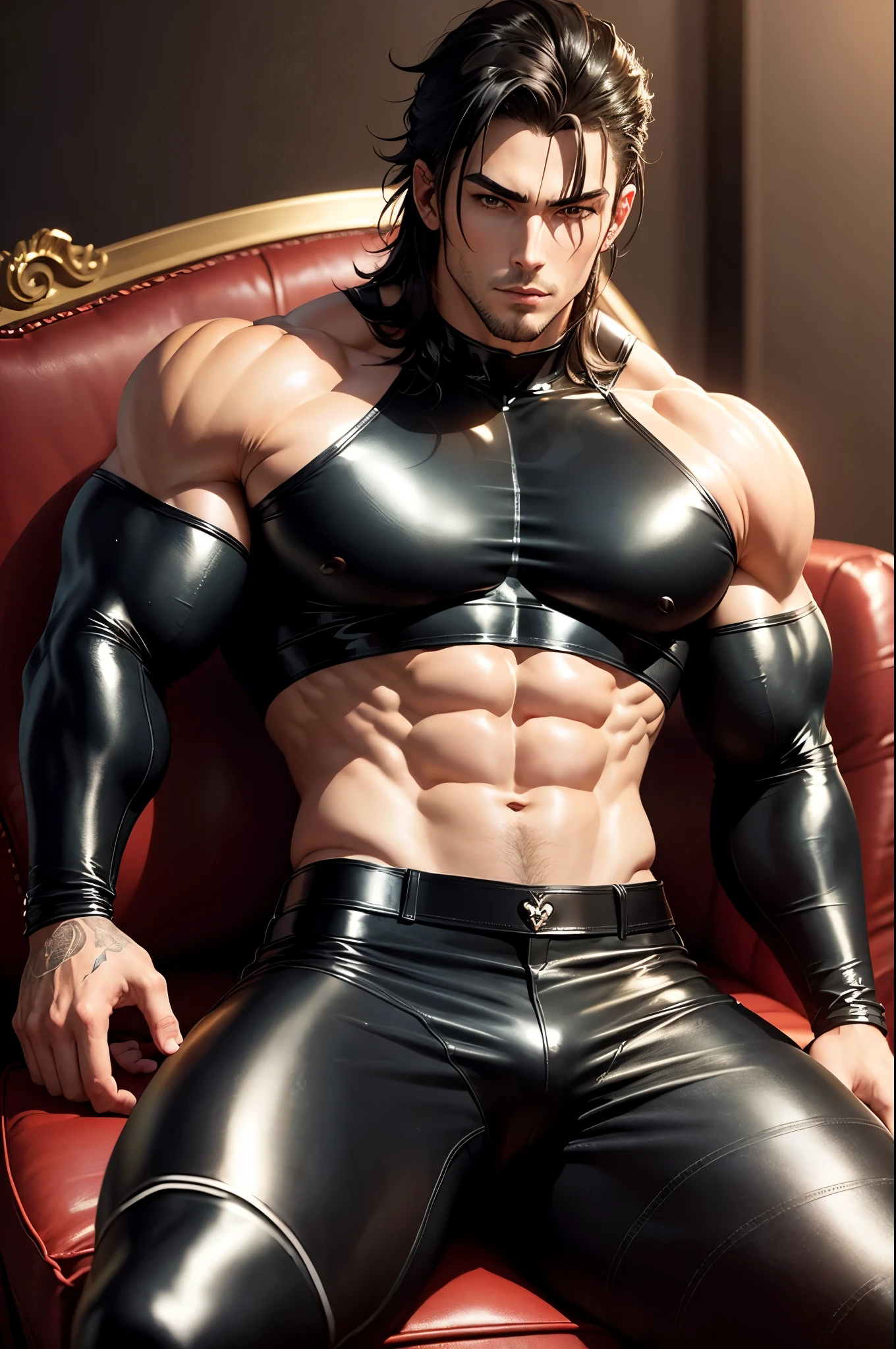 an Anime Sexy Man,sitting down on couch,big biceps and muscular body,dark hair, Black leather shiny crop too,revealing abs,visible abdominal muscles,Tattoos, hearts, leather tight pants