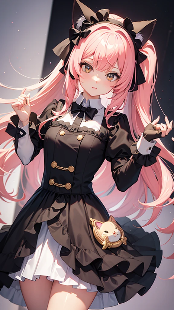 there is a photo of a girl dressed as a cat, uniforme de estudiante de la escuela de magia, minifalda plisada, usando falda, traje femenino, traje de mucama, falda negra, falda plisada, anime estilo 3d, usando una falda, render de una linda chica anime 3d, modelo de cuerpo completo anime vtuber, estilo anime plano, Gothic pastel, colores suaves y lindos, colores lindoa en su ropa, pelo color dorado, en cuarto de chica gamer, neko, orejas de gato