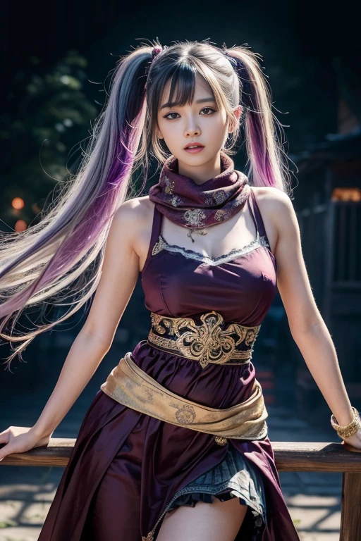 masterpiece, best quality, illustration, beautiful detailed eyes, colorful background, mechanical prosthesis, mecha coverage, emerging dark purple across with white hair, pig tails, disheveled hair, fluorescent purple, cool movement, rose red eyes, beatiful detailed cyberpunk city, multicolored hair, beautiful detailed glow, 1 girl, expressionless, cold expression, insanity, long bangs, long hair, lace, dynamic composition, motion, ultra - detailed, incredibly detailed, a lot of details, amazing fine details and brush strokes, smooth, hd realistic, wearing a gold tiara decorated with strands of jasmine flowers, wearing a traditional blue kemben, bare shoulders, wearing a blue batik motif skirt, a red scarf tied around her waist. Dancing in front of a rustic wooden house, UHD, Hyper-realistic