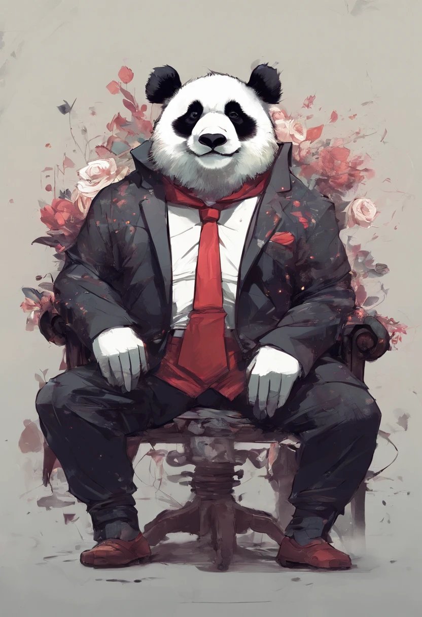anthropomorphic panda, de cuerpo entero, vestido formalmente con un blazer, sostiene una bandeja, pegatina de panda, sticker de panda.