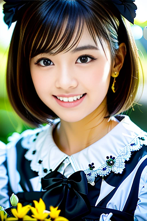 (Highest quality details:1.2), Realistic, 8K Ultra HD, High resolution, Fujifilm(Medium format), Hasselblad, Carl Zeiss, Incredible dynamic range photography(utility_art:Smoose-768:1.1), (One Girl:1.2), Super detailed, High quality textures, Intricate details, detailed, Very detailed CG, High Quality Shadows, detailed Beautiful and delicate face, detailed Beautiful and delicate eyes, Depth of written boundary, Ray Tracing, 18 years old, Cute Japanese Girl, Narrow Face, Glossy lips, Glowing Eyes, Glowing Eyes, Perfect body, View the viewer, (Jewelry Earrings), (Eye Color: Brown), (Bright red flower hair ornament), (Long white hair), (Layered Hairstyles), (Classic Gothic ta:1.5), Fashion Model Style, face close up, smile