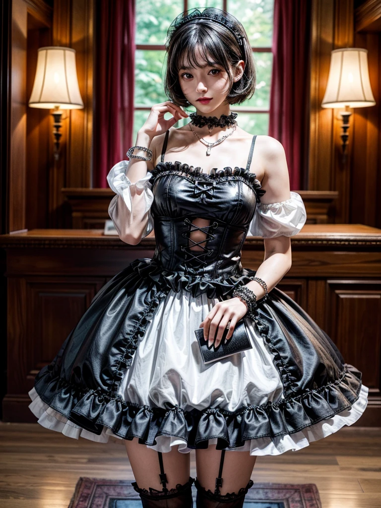 (8K, Photorealistic, Raw photo, of the highest quality: 1.3), (1girl in), Super beautiful, (Realistic face), (boyish, Silver Color Berry Shorthair), Beautiful , Glare that captivates the viewer, Beautiful expression, Beautiful breasts, (Realistic skin), Be...Super high quality, super high definition, super detailed, masterpiece, 20years old, female, cute, perfect face, beautiful, nice body, gothic lolita clothes, gothic lolita fashion, frilly skirt, headdress, necklace, bracelet, knee-high socks, boots, double eyelids, tear bags, Detailed down to the fingers, photo-like description, indoors, dim indoor lighting, black hair, short bob, standing, whole body, composition that shows the whole body, smiling