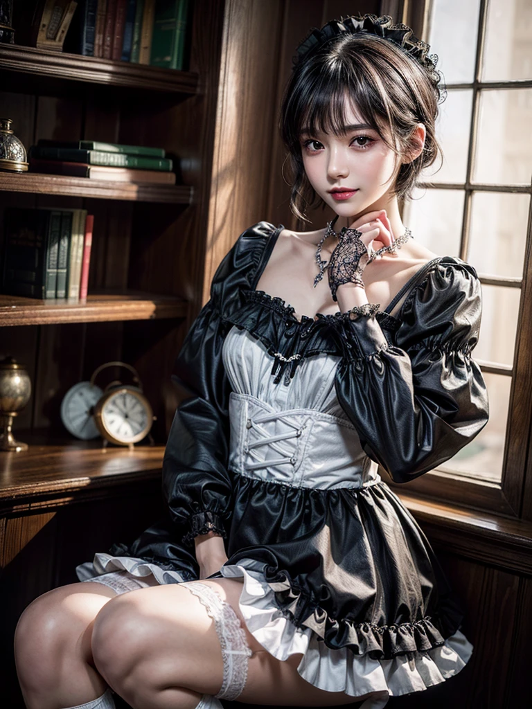 (8K, Photorealistic, Raw photo, of the highest quality: 1.3), (1girl in), Super beautiful, (Realistic face), (boyish, Silver Color Berry Shorthair), Beautiful , Glare that captivates the viewer, Beautiful expression, Beautiful breasts, (Realistic skin), Be...Super high quality, super high definition, super detailed, masterpiece, 20years old, female, cute, perfect face, beautiful, nice body, gothic lolita clothes, gothic lolita fashion, frilly skirt, headdress, necklace, bracelet, knee-high socks, boots, double eyelids, tear bags, Detailed down to the fingers, photo-like description, indoors, dim indoor lighting, black hair, short bob, standing, whole body, composition that shows the whole body, smiling