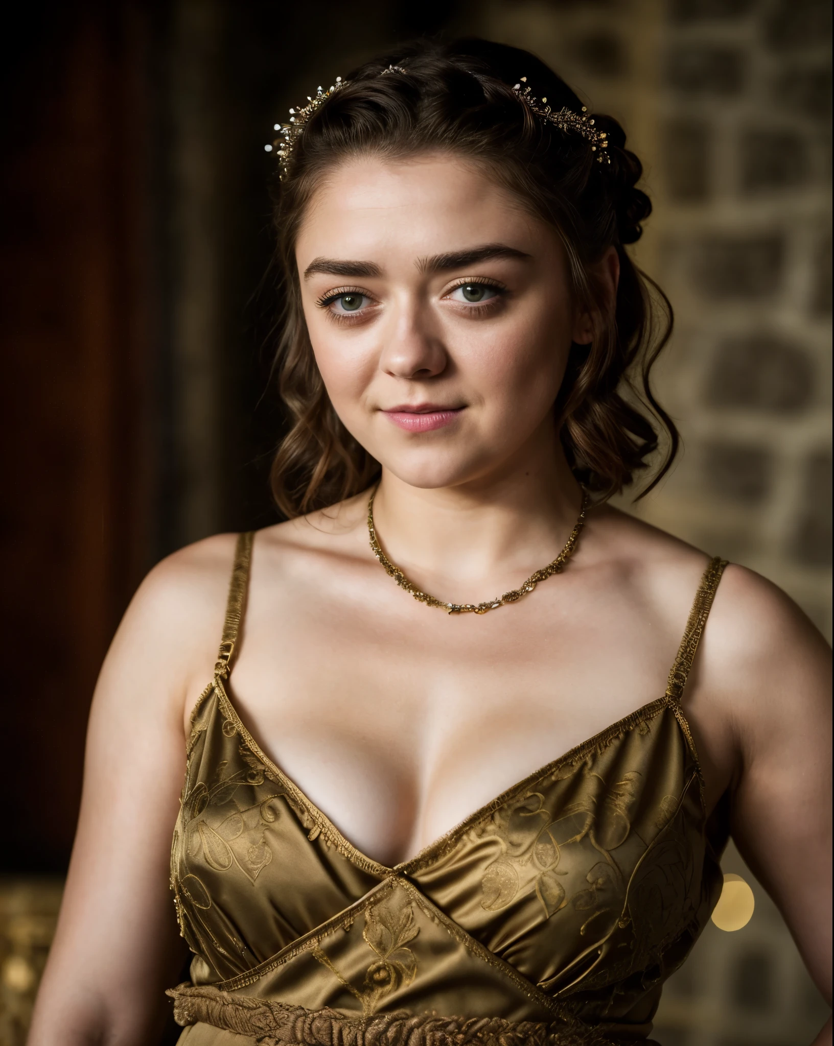 Foto RAW, Arya Stark, Stunning Beauty, Ravishing, Enchantress, Extremely gorgeous lady, Arya Stark PLAYED BY MAISIE WILLIAMS, Queen Arya Stark, she a mature woman now, milf, sexy mediaeval battle dress, gladiator woman, body, 40 years old Woman, Roman slave dress, cotton dress, busty mediaeval costumes, body revealing costumes, perky breast, big natural breast, erotic costumes, lusty physique, seductive figure can capture every people's attention, Game of thrones costumes, revealing captivating figure, Mediaeval costumes, revealing clothes, A tomboy, she would rather fence than dance, warrior queen , game of thrones screen caps, Game of Thrones Series, (pele altamente detalhada: 1.2), 8k UHD, DSLR, soft-lighting, alta qualidade, grain of film, Fujifilm XT3, flawless picture, highly detailed, detailed Beauty, intricate, 32k, sharp picture,