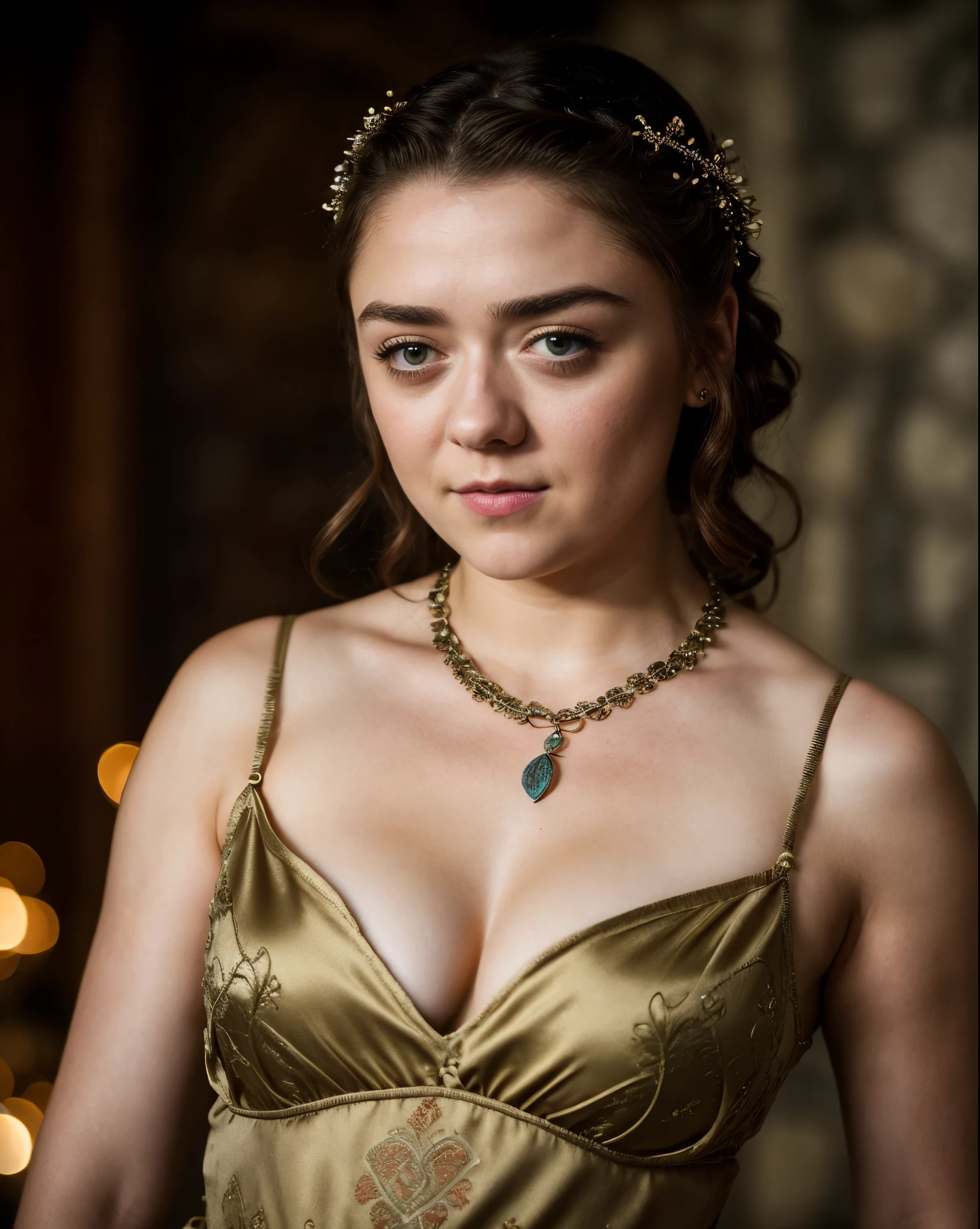 Foto RAW, Arya Stark, Stunning Beauty, Ravishing, Enchantress, Extremely gorgeous lady, Arya Stark PLAYED BY MAISIE WILLIAMS, Queen Arya Stark, she  a mature woman now, milf, sexy mediaeval battle dress, gladiator woman, body, 40 years old Woman, Roman slave dress, cotton dress, busty mediaeval costumes, body revealing costumes, perky breast, big natural breast, erotic costumes, lusty physique, seductive figure can capture every people's attention, Game of thrones costumes, revealing captivating figure, Mediaeval costumes, revealing clothes, A tomboy, she would rather fence than dance, warrior queen , game of thrones screen caps, Game of Thrones Series, (pele altamente detalhada: 1.2), 8k UHD, DSLR, soft-lighting, alta qualidade, grain of film, Fujifilm XT3, flawless picture, highly detailed, detailed Beauty, intricate, 32k, sharp picture,