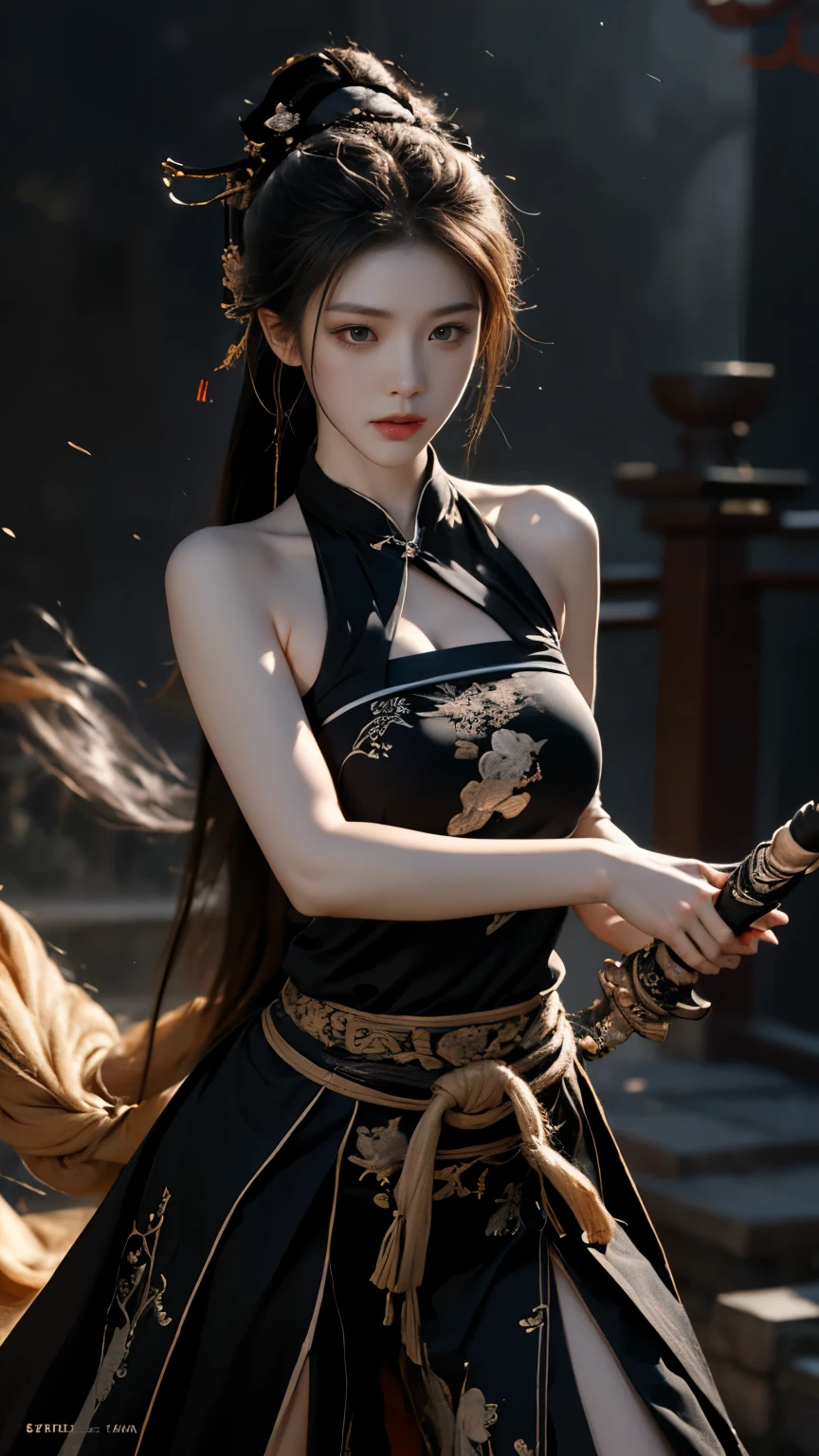 (active attention), (in the darkness: 1), (best quality), poster, Very detailed, 8k wallpaper, Volumetric lighting, dynamic lighting, a girl, long black hair, ponytail, knight, Black and white ink painting style, Holding a long sword ready to swing, Chinese style, fighting stance, drama composition, Sword qi surrounding, Rich picture detail, light,
