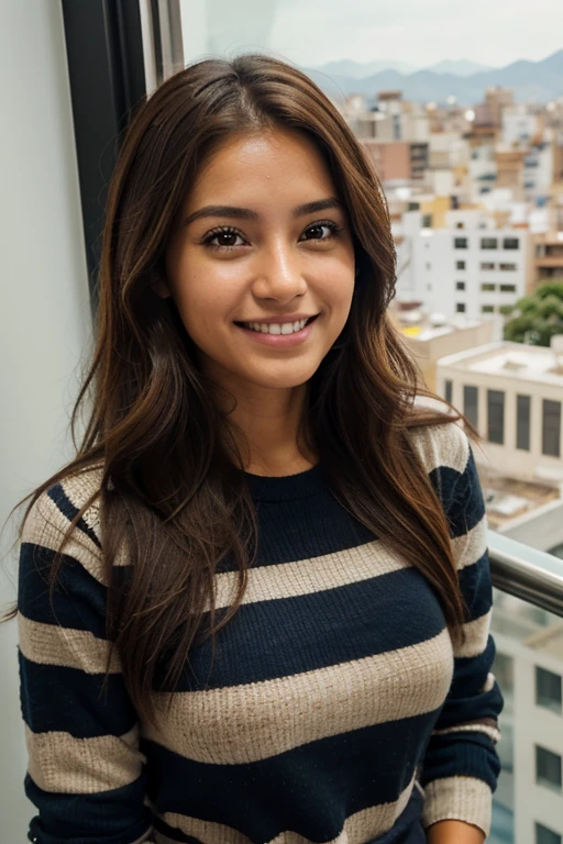 to a 23-year-old Bolivian girl with brown hair, piel clara, sonrisa delicada, ojos claros, Looking at camera, extremadamente detallada, en un elevador, vistiendo ropa casual color azul y negro