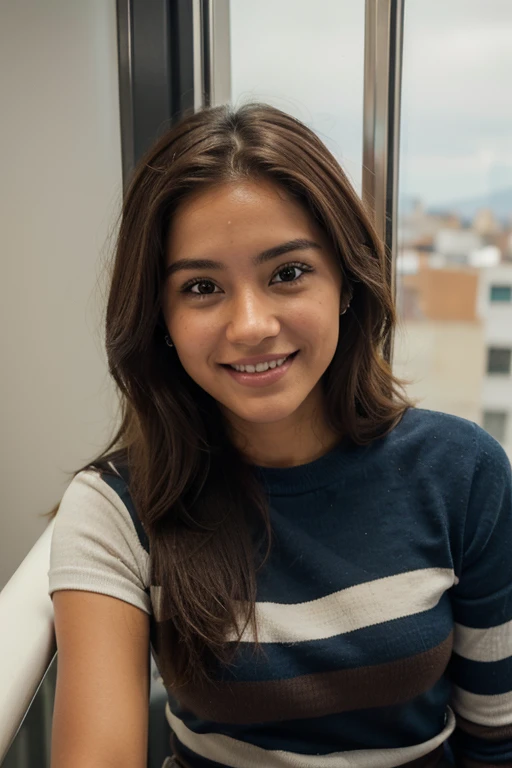 to a 23-year-old Bolivian girl with brown hair, piel clara, sonrisa delicada, ojos claros, Looking at camera, extremadamente detallada, en un elevador, vistiendo ropa casual color azul y negro