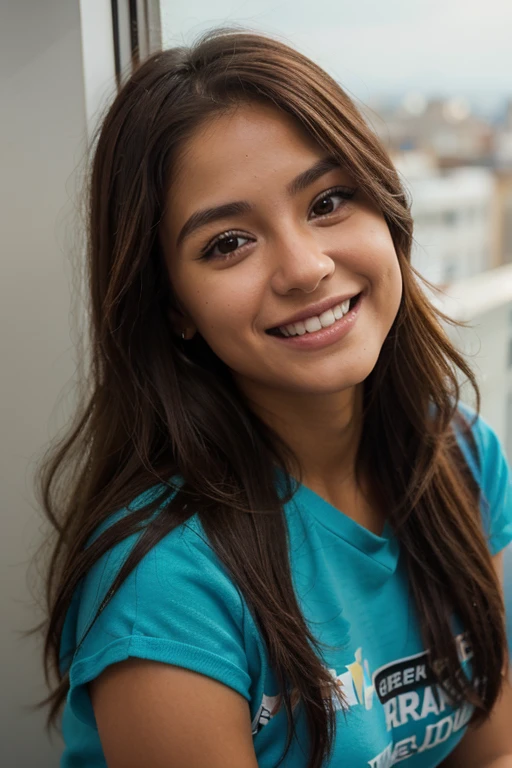 to a 23-year-old Bolivian girl with brown hair, piel clara, sonrisa delicada, ojos claros, Looking at camera, extremadamente detallada, en un elevador, vistiendo ropa casual color azul y negro