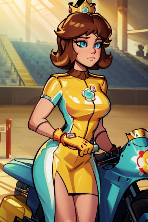 masterpiece, high quality, extremely detailed, 1girl, mature female, solo, ambient soft lighting, perfect lighting, princess_daisey_mariokart_outfit, golden crown, short brunette hair, bright blue eyes, ((Background: Outside, bright and sunny, empty race track, standing next to a motorcycle)), The 4k textures showcases the utmost level of detail, while the cinematic lighting adds depth and adventure to the scene
