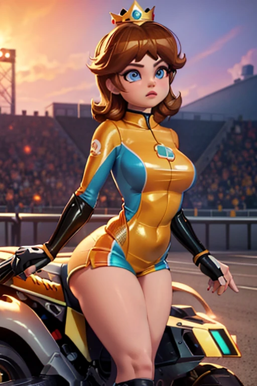 masterpiece, high quality, extremely detailed, 1girl, mature female, solo, ambient soft lighting, perfect lighting, princess_daisey_mariokart_outfit, golden crown, short brunette hair, bright blue eyes, ((Background: Outside, bright and sunny, empty race track, standing next to a motorcycle)), The 4k textures showcases the utmost level of detail, while the cinematic lighting adds depth and adventure to the scene
