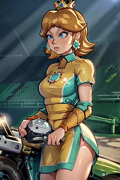 masterpiece, high quality, extremely detailed, 1girl, mature female, solo, ambient soft lighting, perfect lighting, princess_daisey_mariokart_outfit, golden crown, short brunette hair, bright blue eyes, ((Background: Outside, bright and sunny, empty race track, standing next to a motorcycle)), The 4k textures showcases the utmost level of detail, while the cinematic lighting adds depth and adventure to the scene
