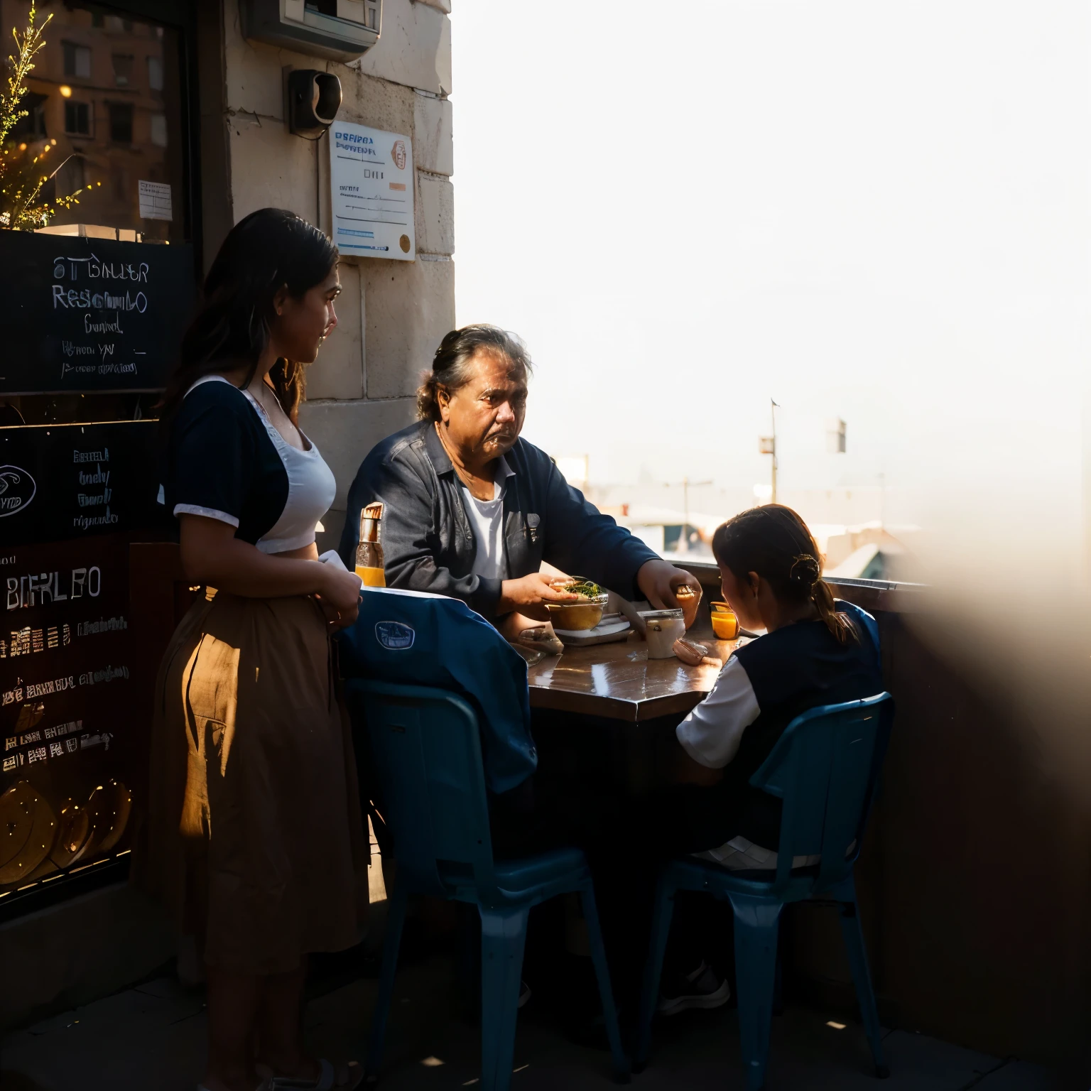 Escena HIPER REALISTA, photographic quality, con luz de atardecer, luz lateral, luz Rembrandt, un padre gordo y VIEJO, a LITTLE daughter and a waitress, very humble people order food at a humble table sitting on plastic chairs, en un local de comida callejera. De fondo se ven las calles de un barrio humilde con la luz de hora dorada, borroso. Rostros y personajes con luces y sombras. HYPER REALISTIC scene, photographic quality, with evening light, side light, Rembrandt light, a fat OLD father, a LITTLE daughter and a waitress, very humble ordering food at a humble table sitting on plastic chairs, in a street food establishment . In the background you can see the streets of a humble neighborhood with the golden hour light, blurred. Faces and characters with lights and shadows. filmada con sony a 7 iii.