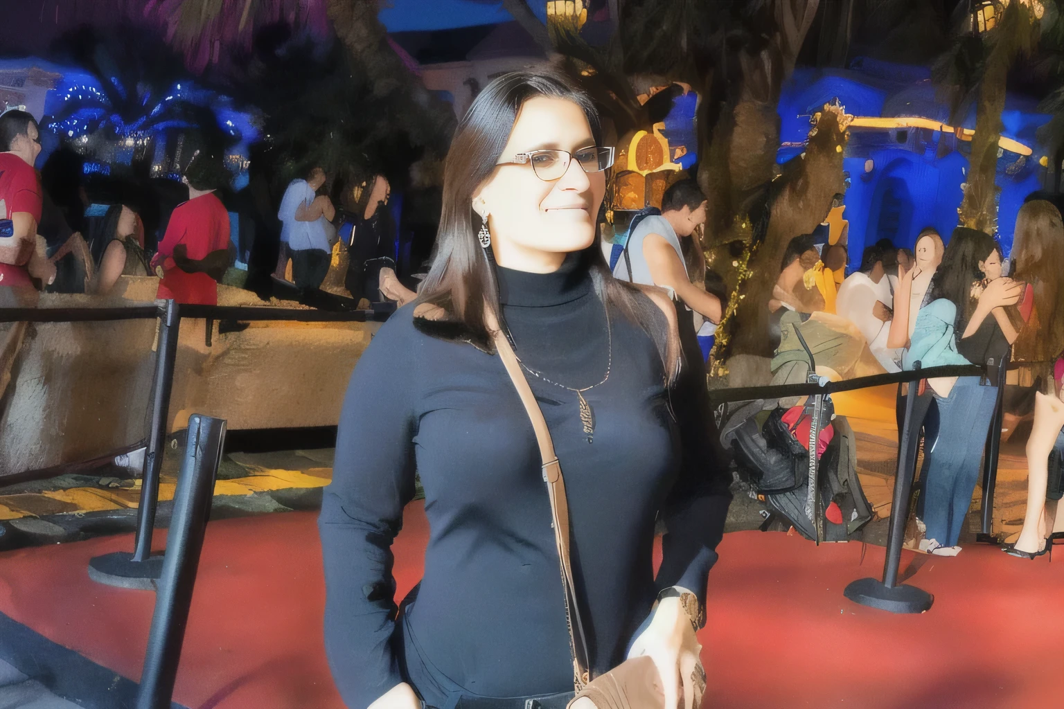 A beautiful Brazilian woman with white, tanned skin and medium-length dark hair, loose hair, wearing glasses, wearing jeans and a black collared shirt, a beige bag hanging on her shoulder, in front of the T-Rex restaurant at Disney Spring in Orlando, USA. USA, appears posing for the photo, which suggests a festive and casual Disney Spring vibe, wearing a black turtleneck sweater. She is around 40 years old, 162 cm tall and weighs 56 kg. Her body exudes glamor and her face is a definition of beauty. Slender body, thin waist. Highly realistic, hyperrealism, very elaborate skin, high quality photo. Sharp Photo, High Resolution, High Quality, Masterpiece, 16K Photo, Sharp Photo, High Contrast, Masterpiece, (Photographically Realistic), NUDE, NUDITY, NFSW.