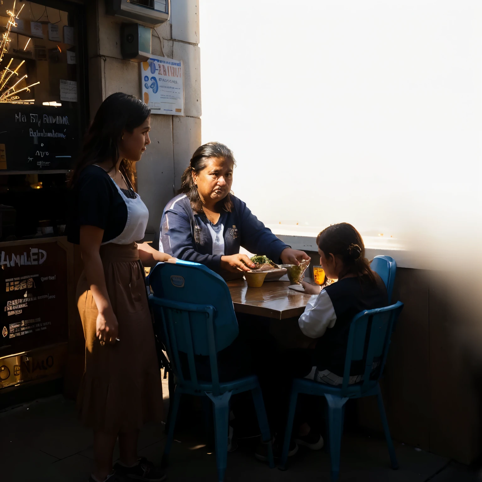 Escena HIPER REALISTA, photographic quality, con luz de atardecer, luz lateral, luz Rembrandt, un padre gordo y VIEJO, a LITTLE daughter and a waitress, very humble people order food at a humble table sitting on plastic chairs, en un local de comida callejera. De fondo se ven las calles de un barrio humilde con la luz de hora dorada, borroso. Rostros y personajes con luces y sombras. HYPER REALISTIC scene, photographic quality, with evening light, side light, Rembrandt light, a fat OLD father, a LITTLE daughter and a waitress, very humble ordering food at a humble table sitting on plastic chairs, in a street food establishment . In the background you can see the streets of a humble neighborhood with the golden hour light, blurred. Faces and characters with lights and shadows. filmada con sony a 7 iii.