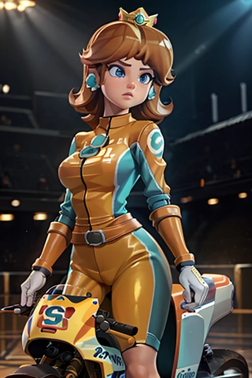 masterpiece, high quality, extremely detailed, 1girl, mature female, solo, ambient soft lighting, perfect lighting, princess_daisey_mariokart_outfit, golden crown, short brunette hair, bright blue eyes, ((Background: Outside, bright and sunny, empty race track, standing next to a motorcycle)), The 4k textures showcases the utmost level of detail, while the cinematic lighting adds depth and adventure to the scene
